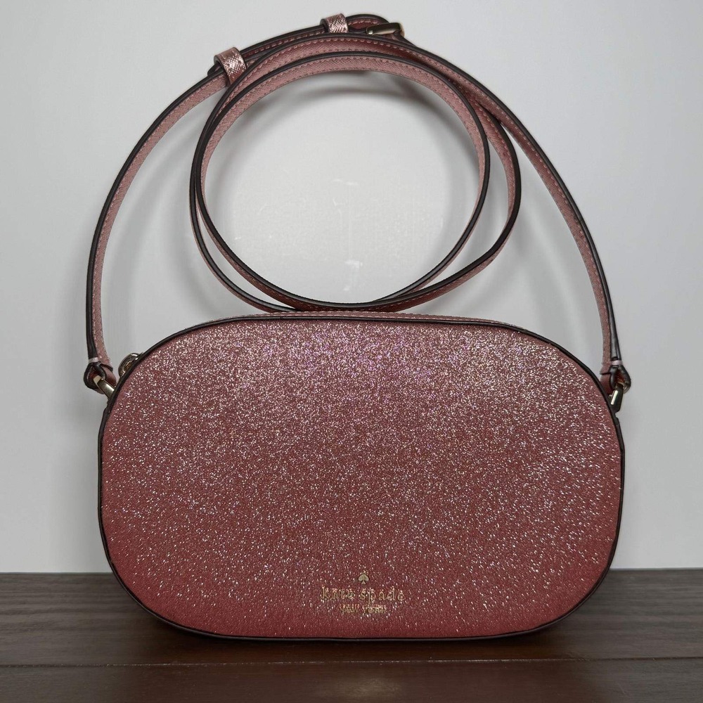 Kate Spade Crossbody Bag Glimmer Pink Glitter Oval Camera Bag Small NWT